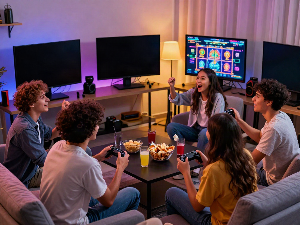 Friends enjoying a lively gaming night playing ทดลองสล็อต on a big screen in a cozy living room.