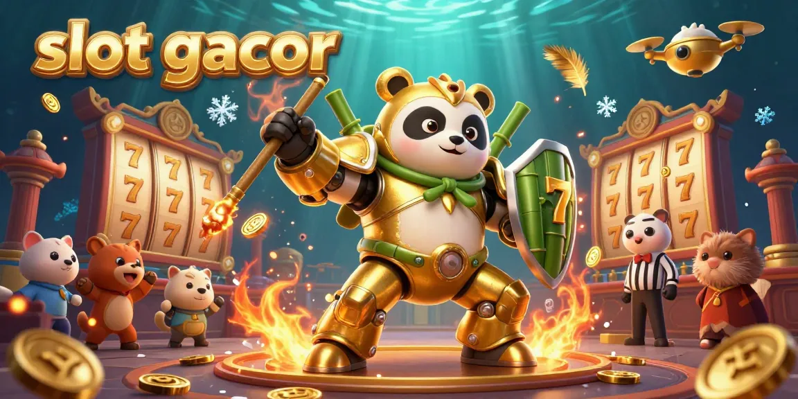 Slot gacor dengan panda emas dalam robot bertarung, dikelilingi koin emas di arena kasino.