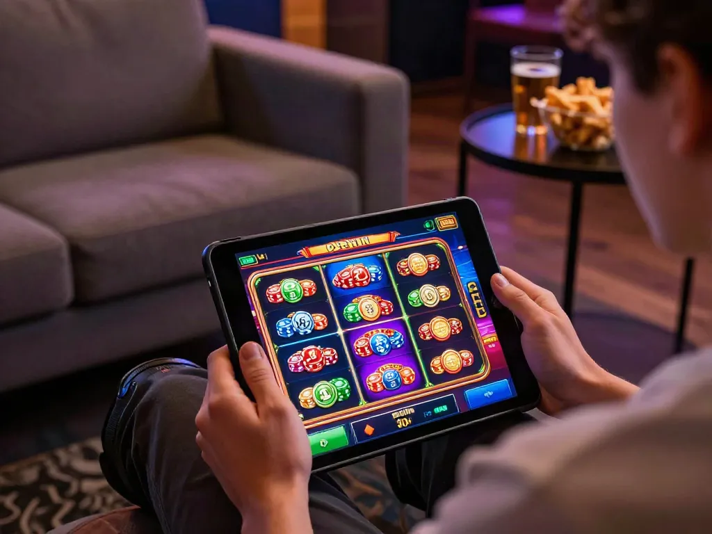 Engaging slot online gameplay on a tablet surrounded by vibrant casino graphics and cozy ambiance.