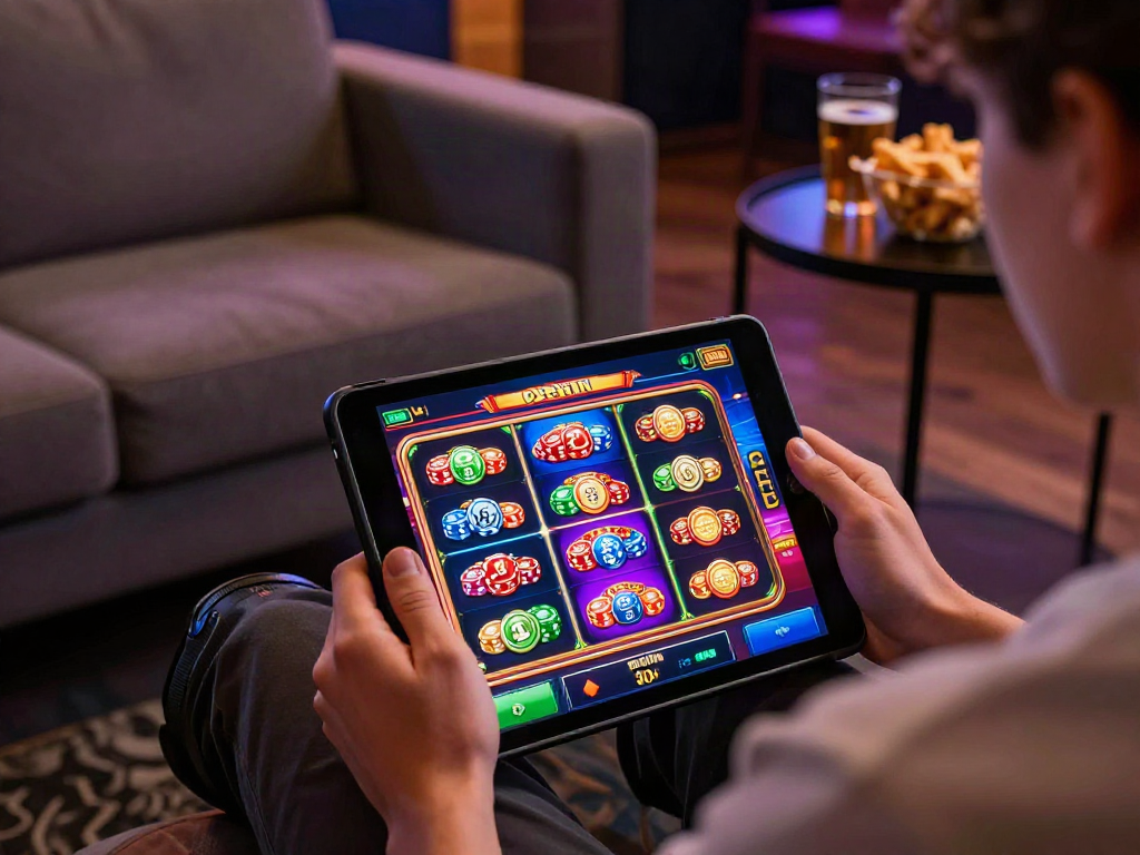 Engaging slot online gameplay on a tablet surrounded by vibrant casino graphics and cozy ambiance.