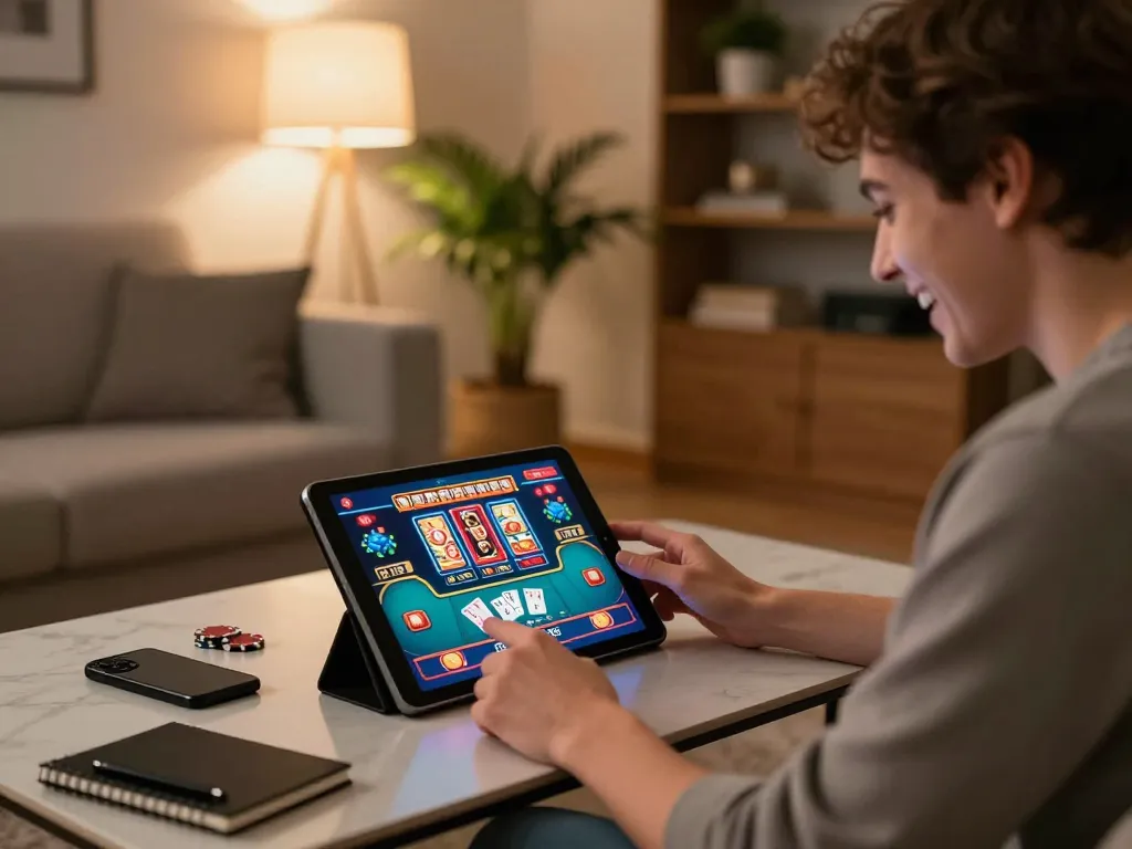Player enjoying online gaming on tablet with lv88seo, showcasing poker action and cozy atmosphere