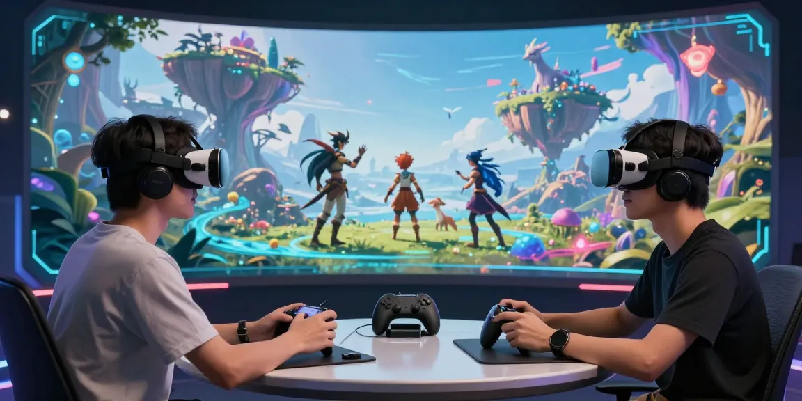Engaging AI roleplay experience with users in VR headsets, fantasy gaming environment showcasing creativity.
