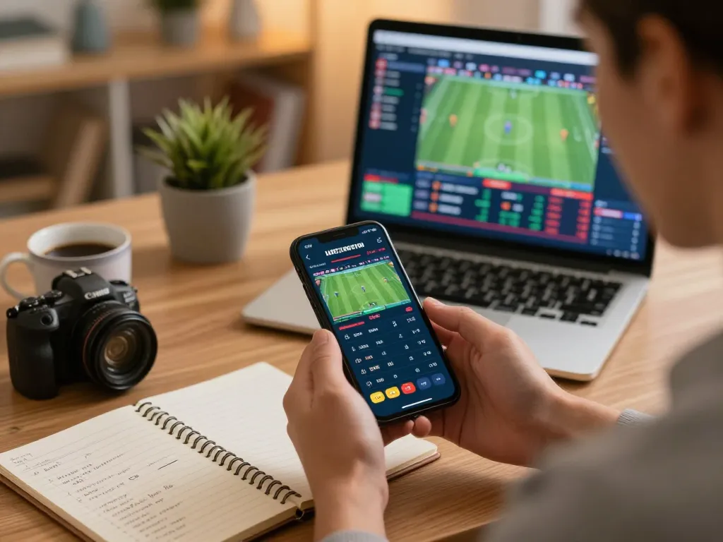 Soi Kèo live betting scenario with a user engaged on smartphone and laptop, showcasing exciting sports betting