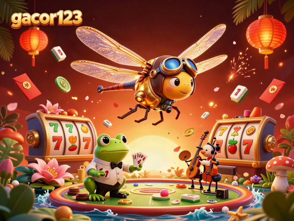 Experience excitement with gacor123 gameplay, featuring a dragonfly pilot, frog dealer, and jazz musicians amidst colorful casino elements.