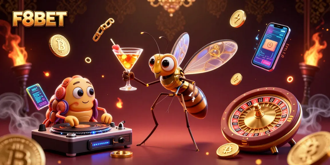 F8BET welcomes players with a vibrant casino scene featuring a mosquito mascot, trilobite DJ, and golden roulette.
