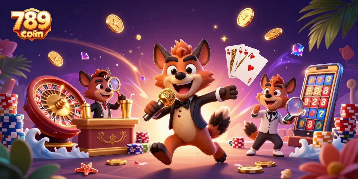 Experience the excitement at 789win com with a vibrant 3D casino scene featuring hyenas at a comedy club and dynamic gaming elements.