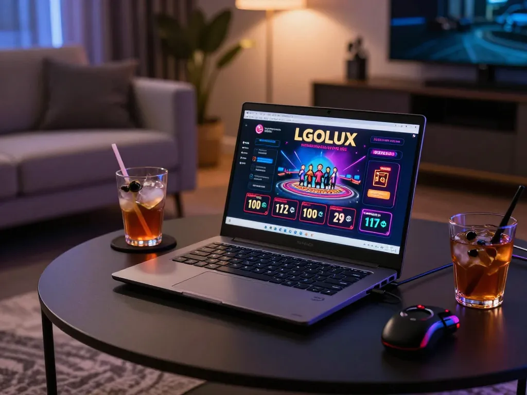Engaging online gaming atmosphere with LGOLUX casino interface on a laptop amid a cozy home lounge.