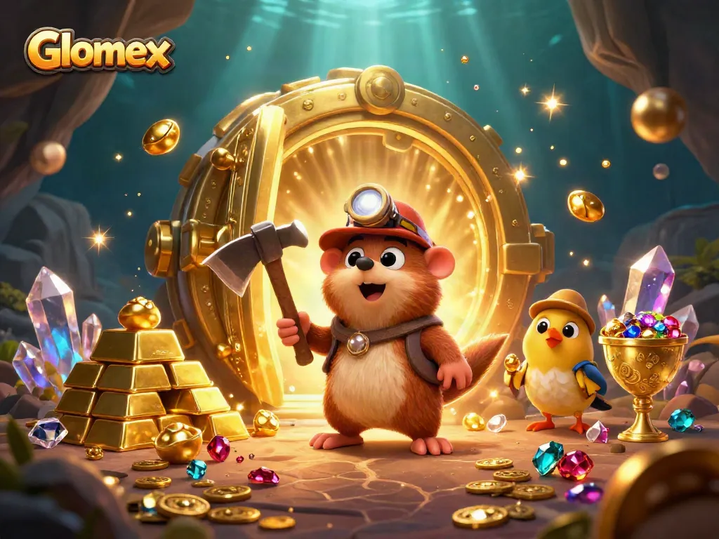 Glomex players enjoying a treasure-hunting adventure in an ultra-detailed cartoon casino scene.