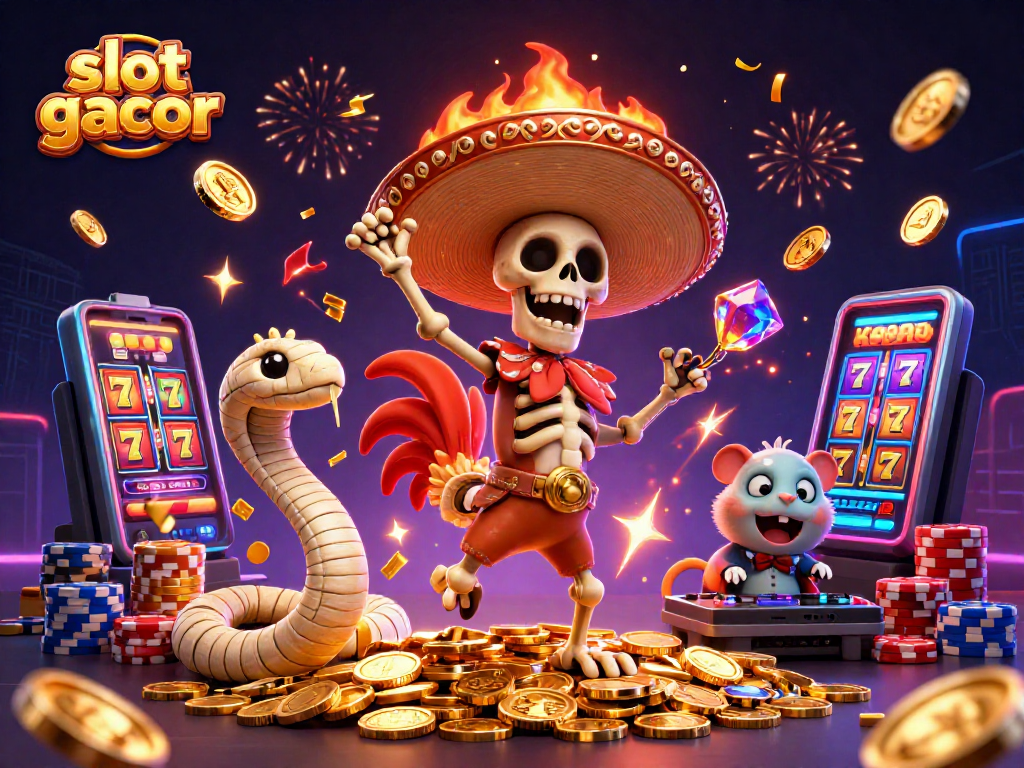 Slot gacor merayakan kemenangan dengan kerangka mariachi berdansa di tumpukan koin emas.
