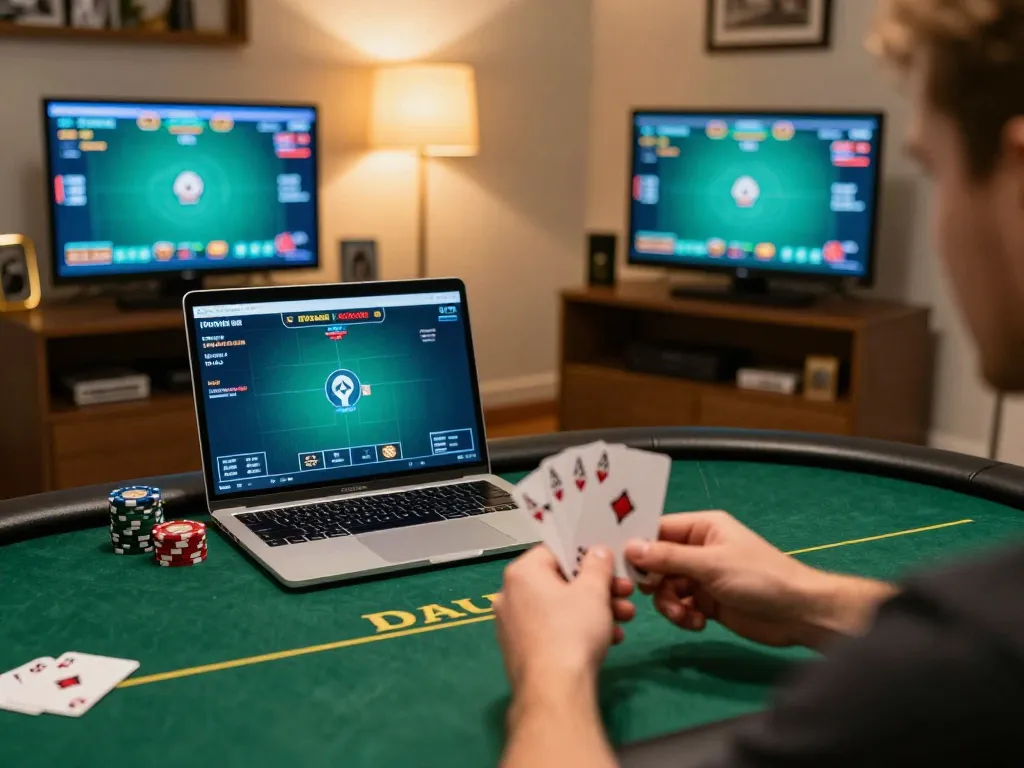 IDNSCORE poker game with a player celebrating a winning hand in a cozy online setup.