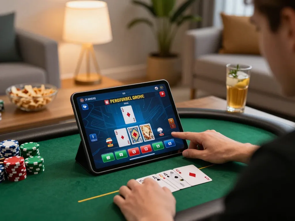 Experience nhà cái ww88 action as players enjoy online poker on a tablet in a cozy living room