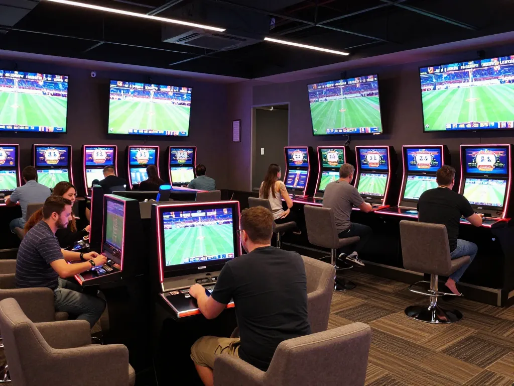 Engaged bettors placing live bets at 789win2 sports betting lounge during an exciting game.