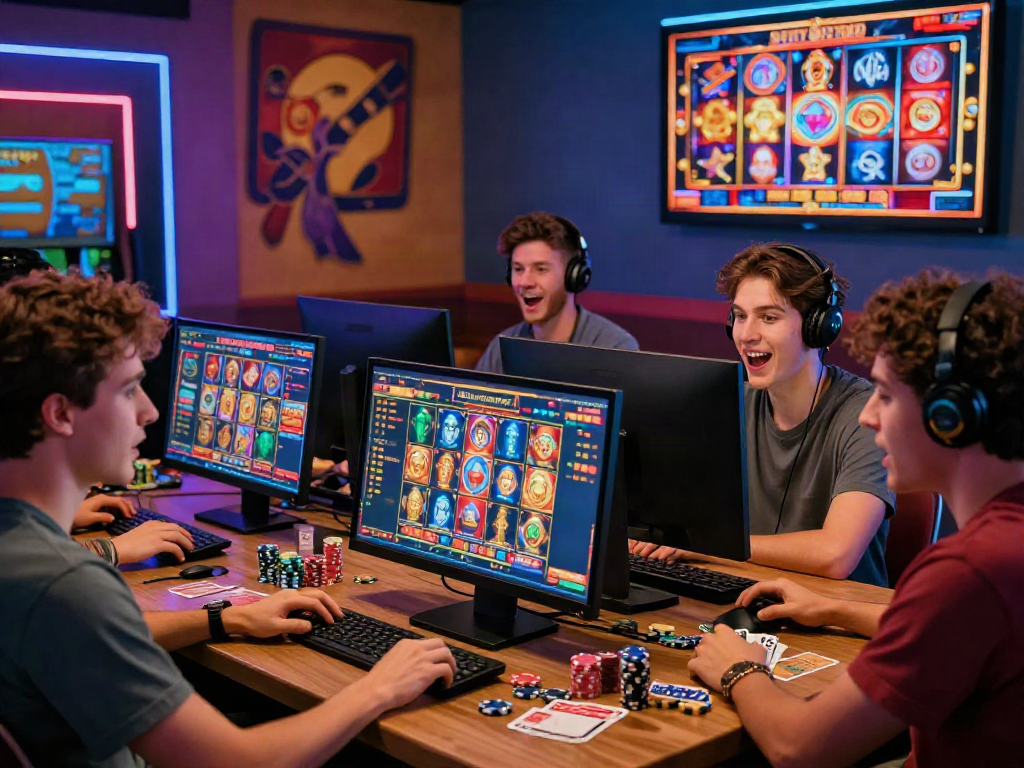 Friends enjoying an exciting session of online slot games, surrounded by vibrant gaming paraphernalia and energetic decor.