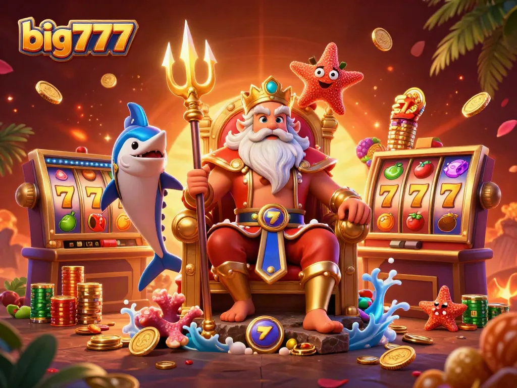 Spin the big777 slot reels with sea king Neptune and his quirky bodyguard in a vibrant casino scene.