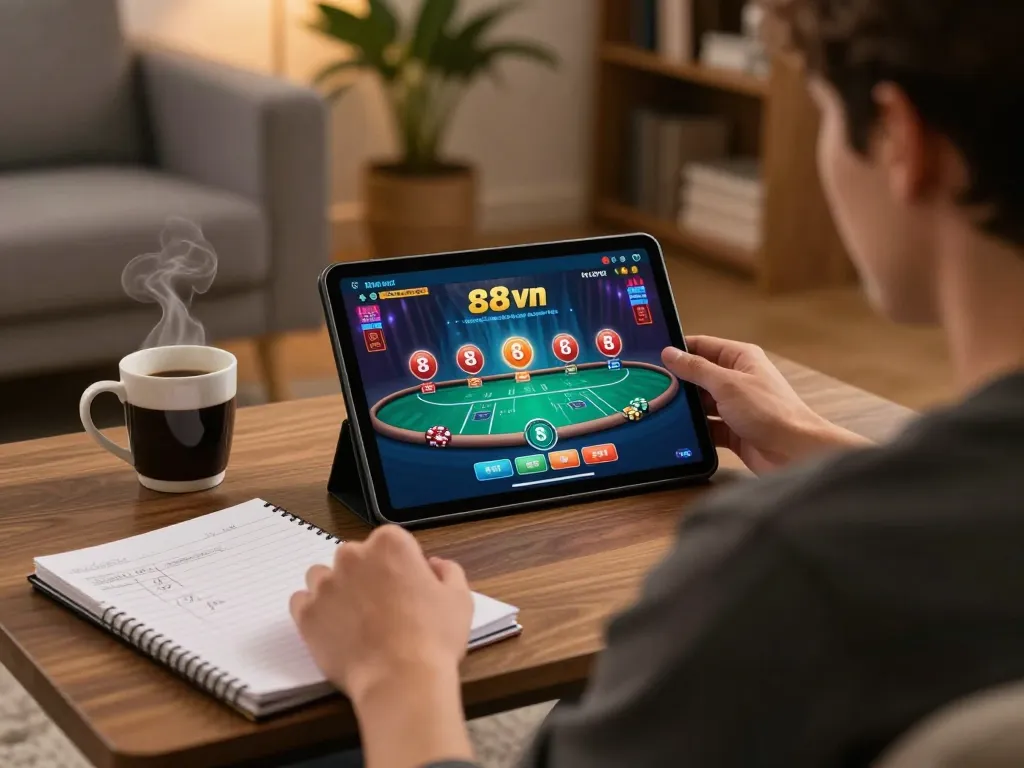 Engaging online poker gameplay experience at sc88vn displayed on a tablet in a cozy living room.