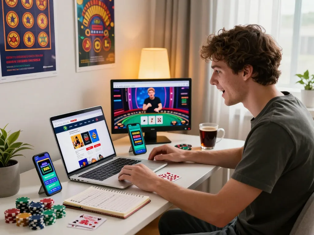 Young adult male engaging with free credit 918kiss promotions on FIREWIN88 betting site in a stylish home setting.
