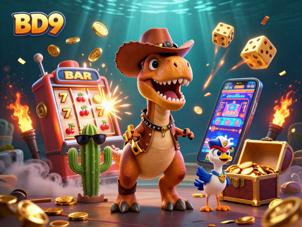 Experience exhilarating wins at BD9 with a dynamic casino gala featuring dinosaurs, jackpots, and vibrant gaming scenes.