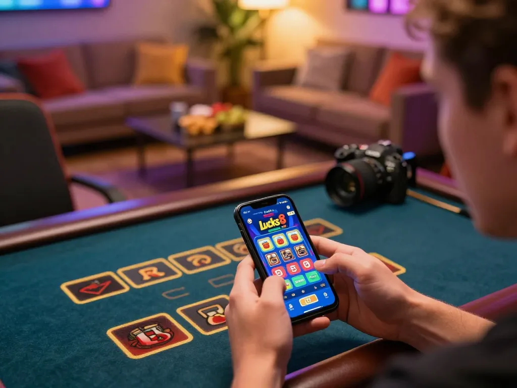 Người dùng tham gia chơi trò chơi casino lucks8 trên điện thoại thông minh, đắm chìm trong chiến lược chơi game.