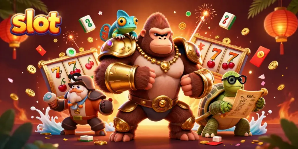 Gorila raja kuat dengan armor emas berdiri di antara simbol slot berkilaunya, menggambarkan keseruan bermain slot.