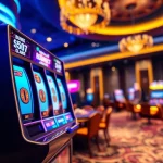 Putar Slot Game interaktif dengan lampu neon berkilau di latar belakang kasino.