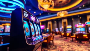 Putar Slot Game interaktif dengan lampu neon berkilau di latar belakang kasino.