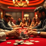 Engage in a thrilling Poker Game as players strategize over cards and chips at a vibrant casino table.