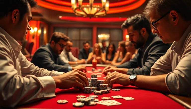 Engage in a thrilling Poker Game as players strategize over cards and chips at a vibrant casino table.