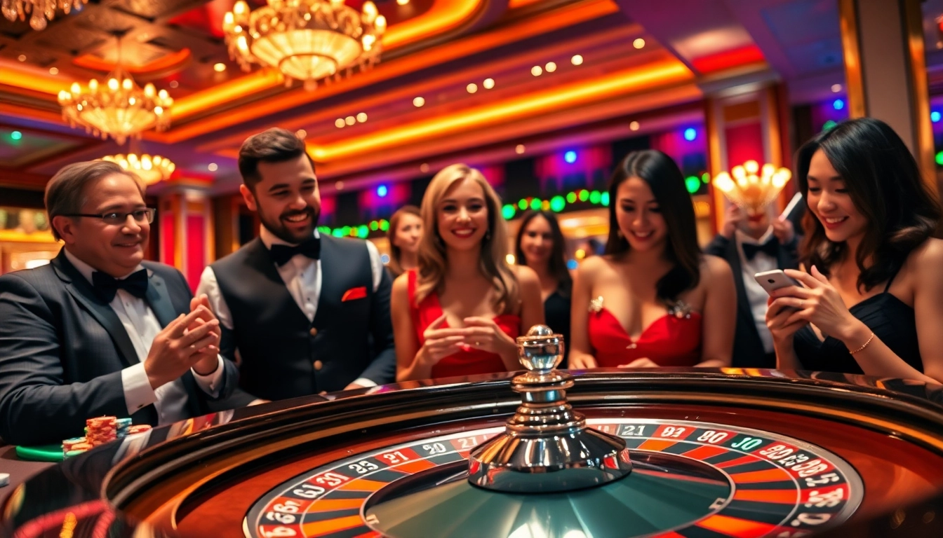 Engaged players at a Casino roulette table with vibrant atmosphere and colorful chips.