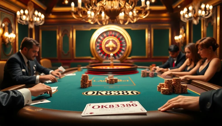 Experience an engaging poker scene featuring players around a table with the keyword OK8386 depicted on a betting slip.