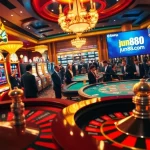 Experience the thrill at jun88.com with a luxurious casino scene featuring vibrant slot machines and excited players at the poker table.