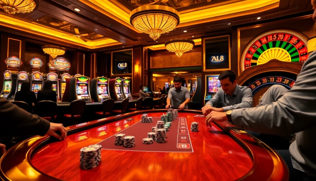 Experience thrilling gameplay at OK8386's luxurious poker table with vibrant chips and an exciting atmosphere.