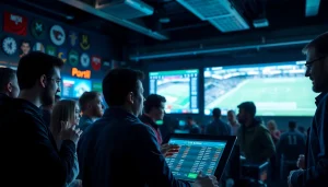Engaging scene of Sports Betting enthusiasts placing bets on live games amidst a lively atmosphere.