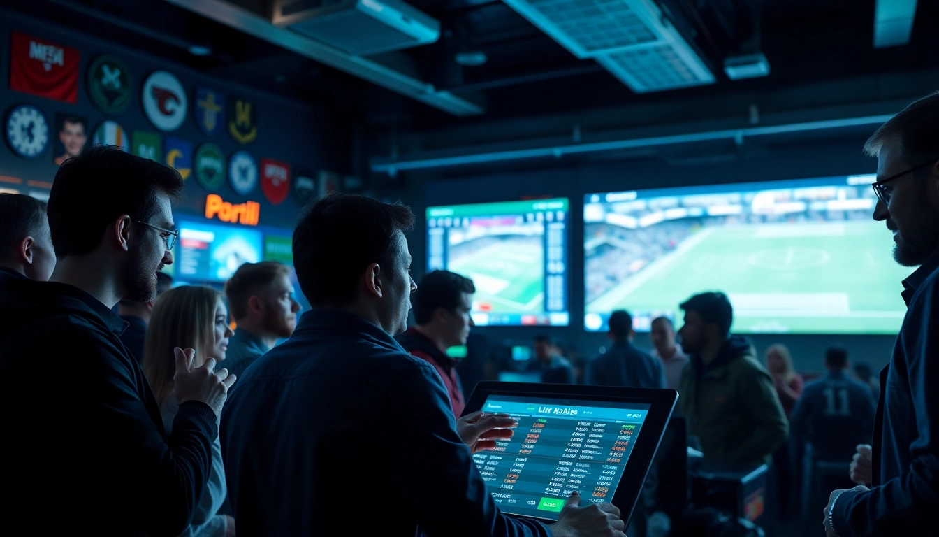 Engaging scene of Sports Betting enthusiasts placing bets on live games amidst a lively atmosphere.
