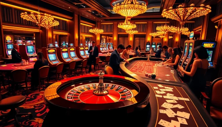 Exciting casino scene illustrating luxury gambling at BJ66 with poker chips and roulette.