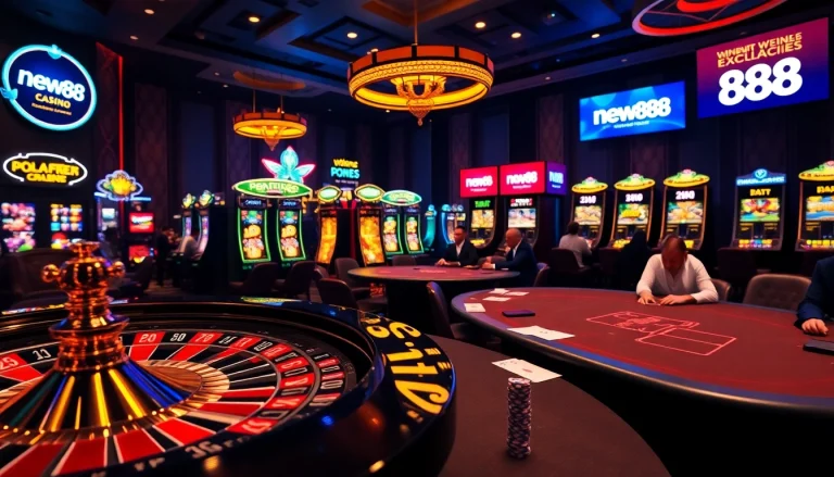 Experience the excitement of new888 with poker players and a roulette wheel in a vibrant casino scene.