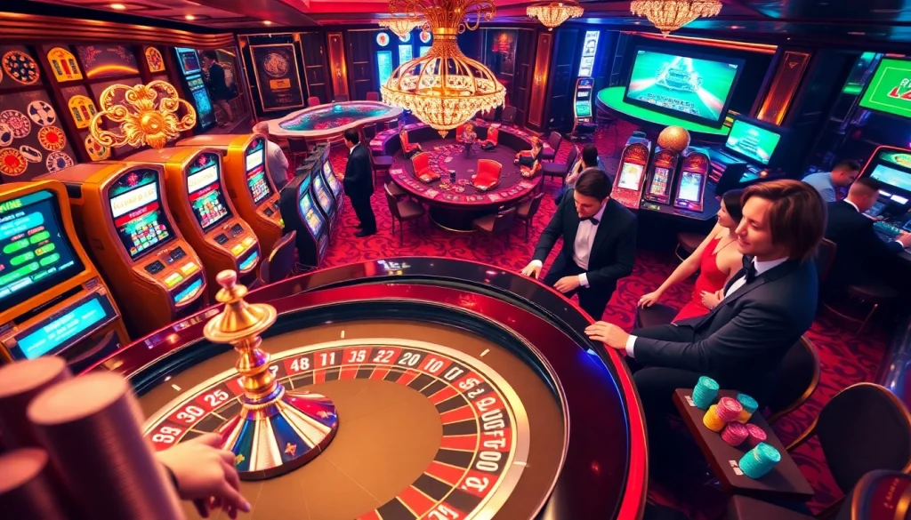 Experience thrilling gameplay at https://mm88.sa.com/ with glamorous casino scenes featuring roulette and slot machines.