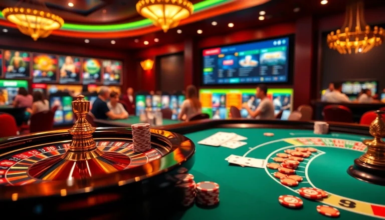 Exciting casino table at 789bet showcasing poker chips and a roulette wheel.