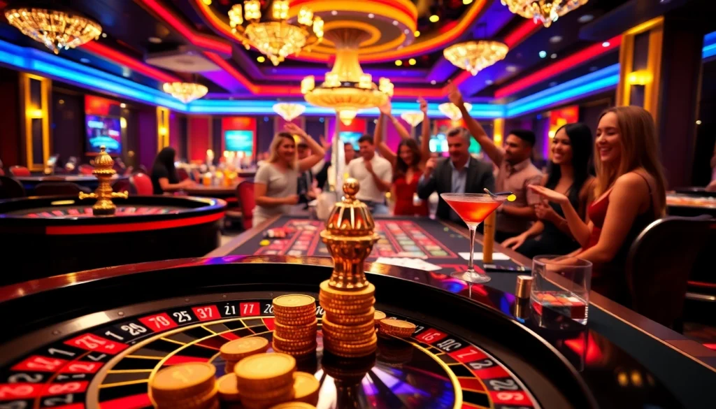 CM88 gamblers celebrating a win at a roulette table in a vibrant casino setting.