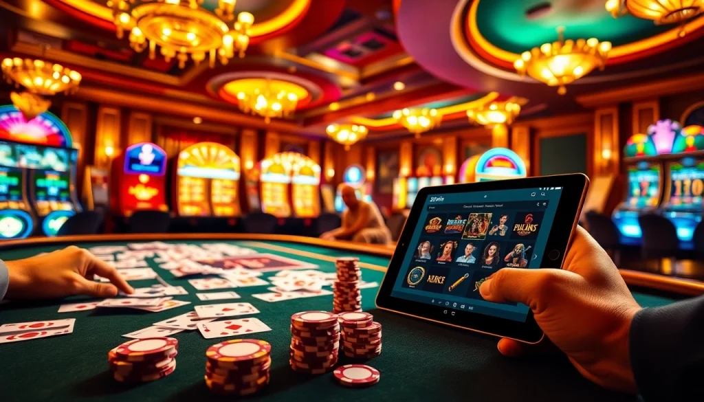 Players enjoying a lively 32win casino experience with vibrant cards and slot machines.