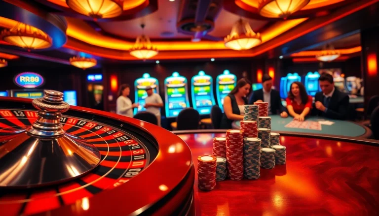 Exciting gameplay at RR88 Casino with vibrant roulette and poker chip action.