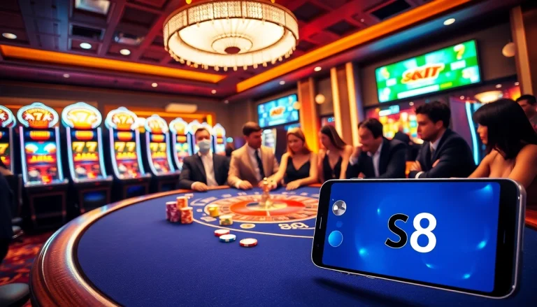 S8 casino scene featuring an elegant blackjack table, poker chips, roulette wheel, and excited players.