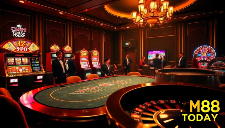 Experience the thrill of MM88 TODAY with vibrant casino elements like poker tables and roulette wheels.