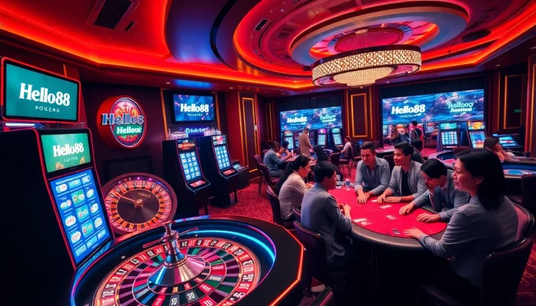 Hello88 poker players strategizing at a luxurious casino table with vibrant slot machines.