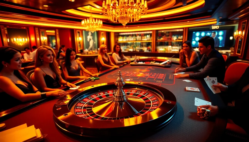 A dynamic casino gambling scene highlighting Thabet com's immersive gaming experience with roulette and enthusiastic players.