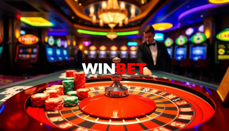 WINBET roulette wheel and poker chips creating a thrilling casino atmosphere.