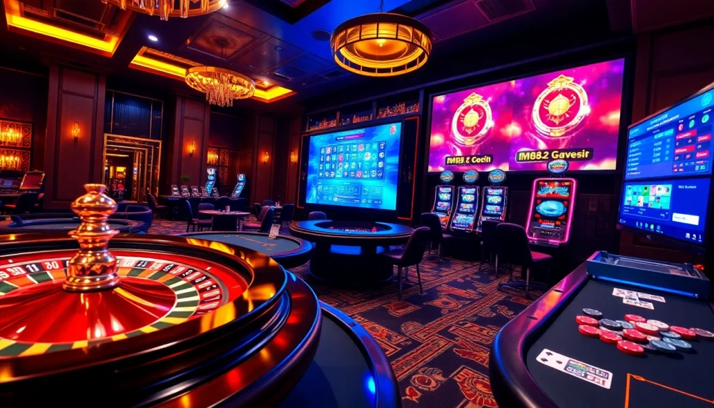 Experience luxury and excitement at MM88 COM's vibrant casino with roulette and poker tables.