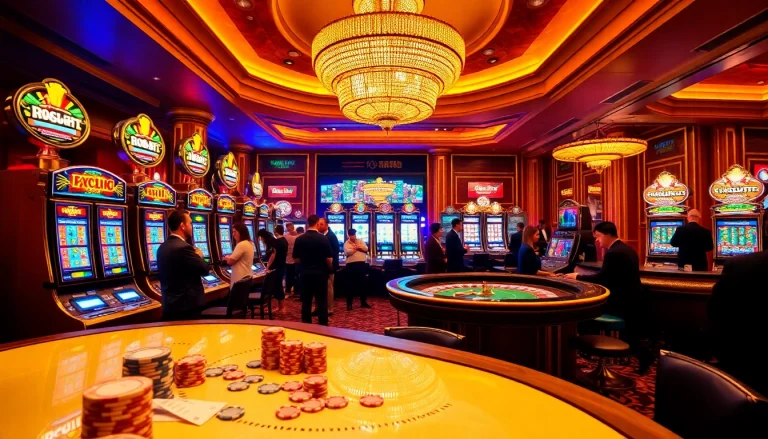 Players enjoying vibrant slot machines at a luxurious 슬롯사이트 in a bustling casino.