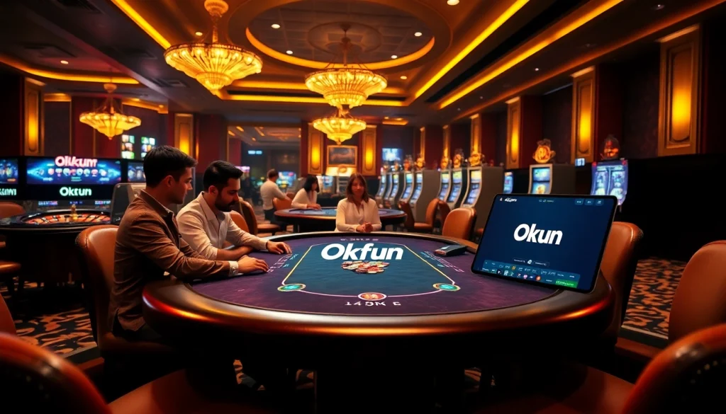 Engaged gamblers enjoying a professional Okfun poker game in a luxurious casino setting.