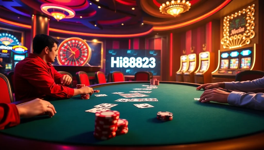 High-stakes poker scene featuring the Hi8823 keyword integrated into an elegant casino environment.