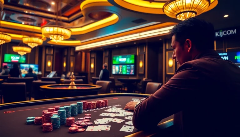 Experience the excitement of KJC COM at a luxurious casino with vibrant gaming tables and professional players.